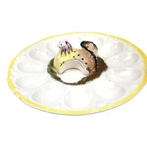 Chicken Deviled Egg Plate With 12 Egg Slots & Yellow Trim Easter Holiday Summer